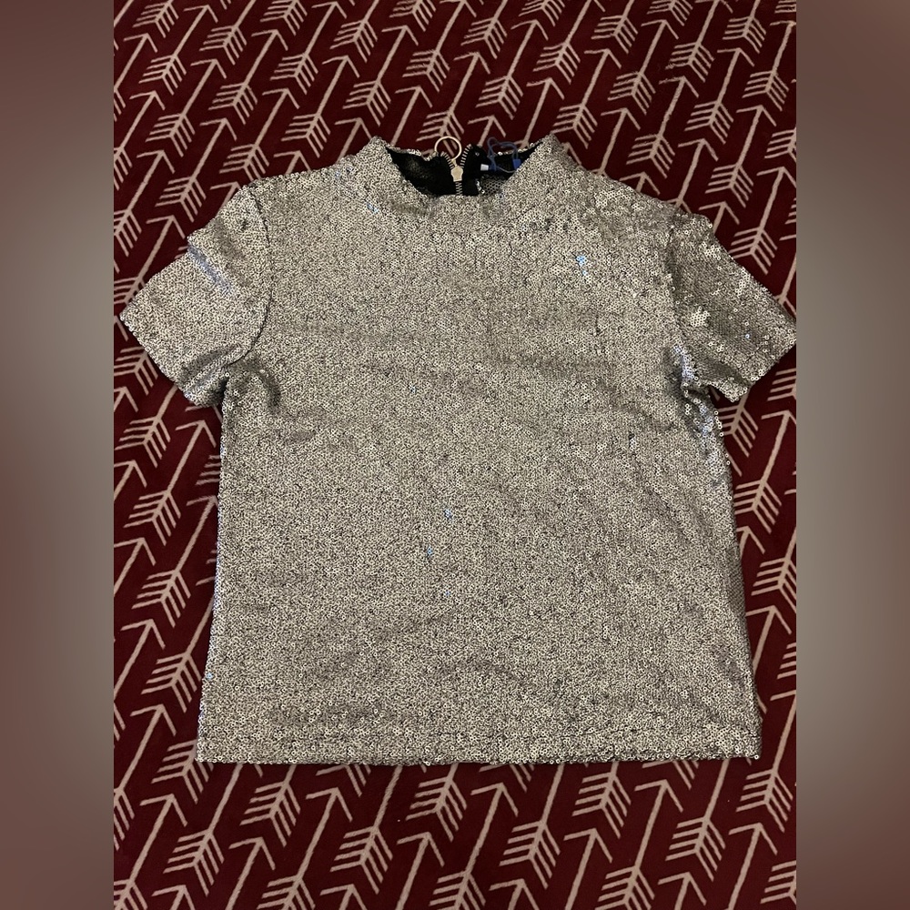 ZARA Sequin Mock Neck Top | Size S | Silver